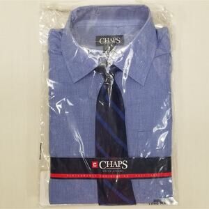 Chaps Kids Dress Shirt With Easy-Clip Tie Sz XS/6-7 Blue Long Sleeve Stretch New